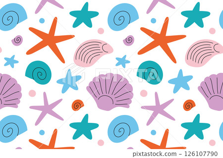 Seamless cartoon pattern with seashells, sea stars and conch shells. Flat vector illustration for summer designs, beach prints, wrapping paper, textile, kids projects and vacation decoration 126107790