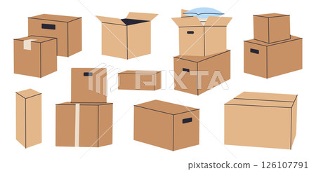 Flat cartoon set of cardboard box icons, open, closed, taped, stacked. Minimalist packaging, delivery and moving vector illustrations for logistics, shipping, warehouse and relocation, colored clipart 126107791