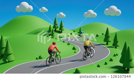 Cyclists journey on winding road through hills. Animated landscape for a fun journey. This journey 126107844