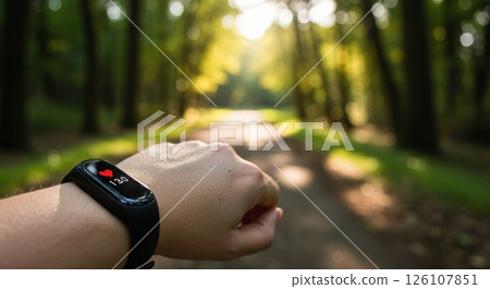 Fitness tracker on wrist, forest run. Monitoring heart rate with tracker. Active tracker 126107851
