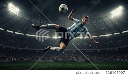 Soccer player's spectacular kick in stadium. Aerial skill, this amazing kick. Daring kick 126107907