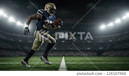 Football player's dynamic run in stadium. Bright lights, intense dynamic action. A dynamic play 126107908