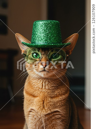 Cat in green hat, glasses, truly festive for St. Patrick's Day. Pure festive fun Cat in green hat, glasses, truly festive for St. Patrick's Day. Pure festive fun 126107909