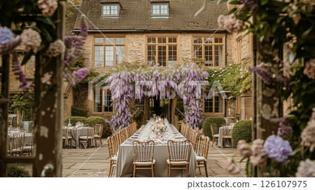 Elegant outdoor dining table set for a celebration in a beautiful garden with a historic building backdrop and purple lavender bushes. 126107975