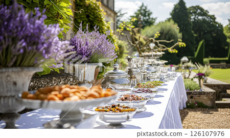 Outdoor wedding buffet table with lavender and a variety of dishes. 126107976