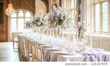 Elegant indoor wedding dining table with floral arrangements in shades of purple, lavender and pink, set in a grand room with mirrors and chandeliers. 126107978
