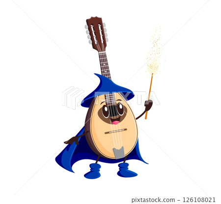 Cartoon Halloween musical instrument mage or wizard character, vector funny personage. Mandolin or lute guitar music instrument character in sorcerer mantle with magic wand for Halloween holiday 126108021