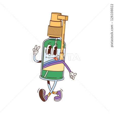 Cartoon groovy medical spray character with playful expression and vintage hippie sneakers. Isolated vector nasal or throat medicine sprayer bottle retro personage conveying health and funky vibe Cartoon groovy medical spray character with playful expression and vintage hippie sneakers. Isolated vector nasal or throat medicine sprayer bottle retro personage conveying health and funky vibe 126108022