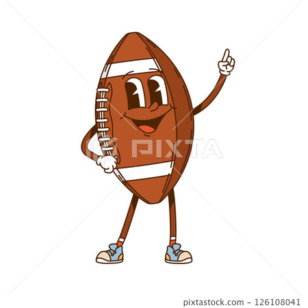 Cartoon groovy rugby ball sport character in a dynamic pointing up pose. Isolated vector retro sports equipment personage with cheerful expression, wearing sneakers, exudes energetic and playful vibe Cartoon groovy rugby ball sport character in a dynamic pointing up pose. Isolated vector retro sports equipment personage with cheerful expression, wearing sneakers, exudes energetic and playful vibe 126108041