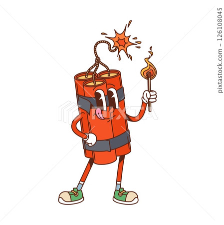 Cartoon groovy Wild west dynamite western character with a burning fuse, holding a lit match, ready for blast with a smile. Isolated vector vintage bomb, bundle of red explosive weapon y2k personage Cartoon groovy Wild west dynamite western character with a burning fuse, holding a lit match, ready for blast with a smile. Isolated vector vintage bomb, bundle of red explosive weapon y2k personage 126108045
