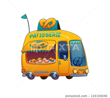 Cartoon patisserie food truck car, festival street foodtruck van offering freshly baked goods such as croissants, muffins and pretzels. Vector vintage yellow vehicle, inviting mobile bakery service Cartoon patisserie food truck car, festival street foodtruck van offering freshly baked goods such as croissants, muffins and pretzels. Vector vintage yellow vehicle, inviting mobile bakery service 126108046