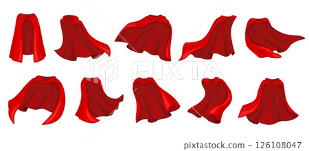 Red superhero cape and hero coat or magic carnival cloak mantle, cartoon vector set. Super hero mantle costume or cloak robe with flying back cloth for superhero carnival costume or vampire cape 126108047