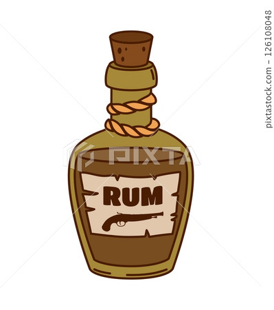 Cartoon groovy pirate and corsair rum bottle, retro glass flask with cork stopper and a rope tied around its neck. Isolated vector alcohol drink bottle with label features old fashioned pistol 126108048