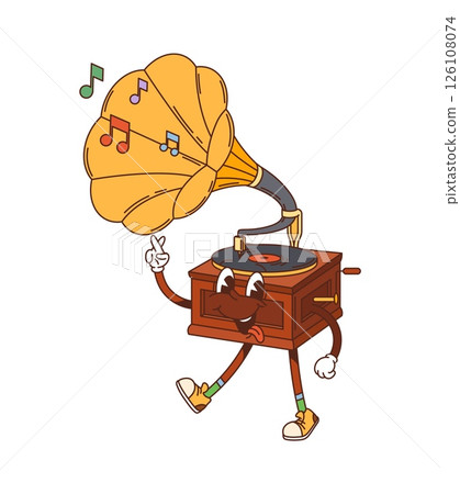 Cartoon groovy gramophone musical instrument character with smiling face and colorful music notes. Isolated vector retro device evokes a sense of nostalgia and fun, reflecting vintage music culture Cartoon groovy gramophone musical instrument character with smiling face and colorful music notes. Isolated vector retro device evokes a sense of nostalgia and fun, reflecting vintage music culture 126108074