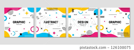 Memphis square cover layout brochure with vector pattern of abstract geometric shapes and modern graphic line art figures. Memphis cover templates set with color circles, rectangles, waves background Memphis square cover layout brochure with vector pattern of abstract geometric shapes and modern graphic line art figures. Memphis cover templates set with color circles, rectangles, waves background 126108075