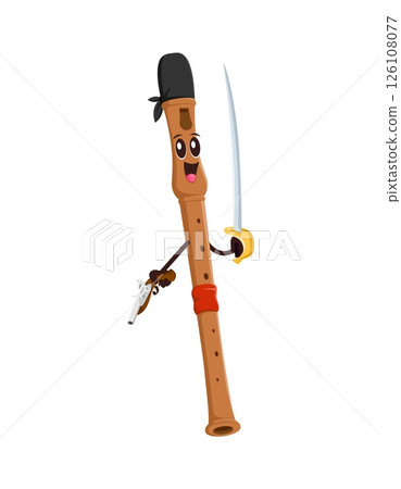 Cartoon groovy flute pirate or musical instrument corsair vector funny character. Groovy flute as Caribbean pirate with saber sword and pistol gun in corsair bandana with funny smile on happy face Cartoon groovy flute pirate or musical instrument corsair vector funny character. Groovy flute as Caribbean pirate with saber sword and pistol gun in corsair bandana with funny smile on happy face 126108077