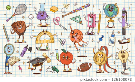 Groovy school and education stationery characters on a grid background. Cartoon vector learning and fun ruler, pencil, globe, apple and sports equipment. Educational personages of students supplies 126108078