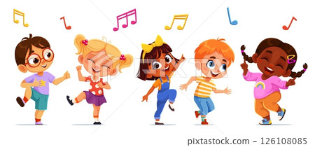 Kids dancing and jumping at party. Group of happy cartoon children having fun and enjoying music together. Vector scene with boys and girls in laughing, moving and celebrating with music notes around Kids dancing and jumping at party. Group of happy cartoon children having fun and enjoying music together. Vector scene with boys and girls in laughing, moving and celebrating with music notes around 126108085