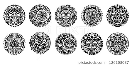 Tribal Maori tattoo. Vector set of circular indigenous circular bodyarts with traditional Polynesian patterns and ethnic facial motifs as ornamental suns, warrior faces, and abstract geometric shapes Tribal Maori tattoo. Vector set of circular indigenous circular bodyarts with traditional Polynesian patterns and ethnic facial motifs as ornamental suns, warrior faces, and abstract geometric shapes 126108087