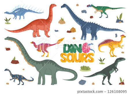 Cute prehistoric dinosaur cartoon characters and baby dino personage in egg with jurassic volcanic rocks and jungle forest plants. Vector funny kentrosaurus, hypselosaurus and datousaurus dinosaurs Cute prehistoric dinosaur cartoon characters and baby dino personage in egg with jurassic volcanic rocks and jungle forest plants. Vector funny kentrosaurus, hypselosaurus and datousaurus dinosaurs 126108095
