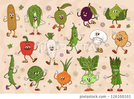 Cartoon groovy vegetable characters with funny face and happy smile, vector retro comic. Groovy asparagus with funky onion and olive, silly corn and cabbage with potato and cabbage with thumb up 126108101