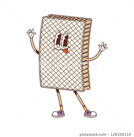 Cartoon mattress groovy furniture and interior character with textured surface, waving hands and tongue out. Vector retro funny personage with vintage sneakers, and playful funky y2k hippie vibe 126108119