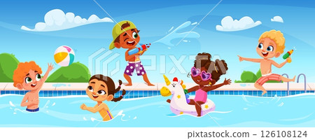 Cartoon children bathe swim and play in the pool. Funny kids at water party. Vector fun summer scene with boys and girls splashing, using float ring, beach ball and water guns during outdoor activity Cartoon children bathe swim and play in the pool. Funny kids at water party. Vector fun summer scene with boys and girls splashing, using float ring, beach ball and water guns during outdoor activity 126108124