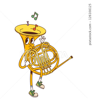 Cartoon groovy French horn musical instrument character. Isolated vector brass pipe, retro y2k personage marching and whistling happy tunes with notes around, inviting for funky concert performance Cartoon groovy French horn musical instrument character. Isolated vector brass pipe, retro y2k personage marching and whistling happy tunes with notes around, inviting for funky concert performance 126108125