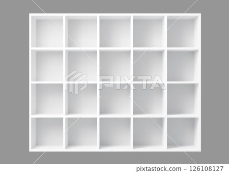 White empty bookshelf. Realistic 3d vector mockup of modern cabinet with shelves Home or office interior furniture. Shop, gallery showcase. retail storage space with five rows of square compartments 126108127