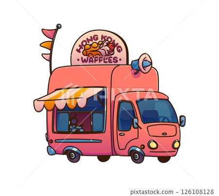 Hong Kong waffles food truck car, festival street foodtruck van. Cartoon vector retro mobile kitchen with canopy, open service window, dessert snack for outdoor vending at fair, market and food event 126108128