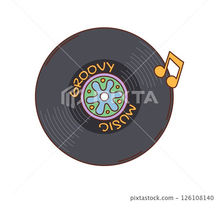Cartoon groovy vinyl record with label and musical note. Vector retro disc, classic audio device symbolizing nostalgic music vibes, analog sound, funky energy, and vintage rhythm for y2k disco parties 126108140