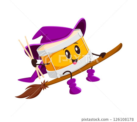 Cartoon Halloween drums music instrument mage or sorcerer character. Music festival percussion instrument wizard happy mascot. Drum witch or sorcerer isolated vector funny personage flying on broom Cartoon Halloween drums music instrument mage or sorcerer character. Music festival percussion instrument wizard happy mascot. Drum witch or sorcerer isolated vector funny personage flying on broom 126108178
