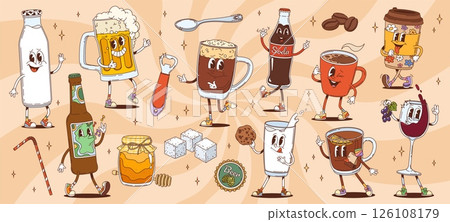 Cartoon retro groovy drink and beverage characters. Cute hippie psychedelic coffee, milk and tea cups vector personages. Funny groovy bottles and glasses of beer, milk, wine and soda drink characters Cartoon retro groovy drink and beverage characters. Cute hippie psychedelic coffee, milk and tea cups vector personages. Funny groovy bottles and glasses of beer, milk, wine and soda drink characters 126108179
