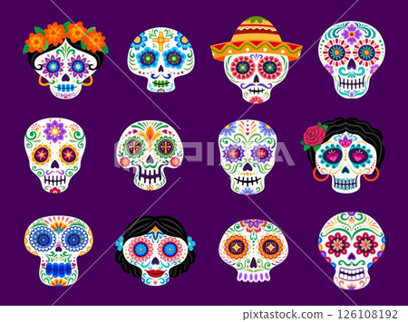 Day of the dead holiday Mexican calavera sugar skulls. Dia De Los Muertos cartoon vector calaca head craniums with floral patterns, flower wreaths or sombrero hats. Traditional Mexico festival symbols 126108192