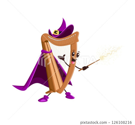 Cartoon harp Halloween mage and wizard musical instrument character. Isolated vector plucked stringed magician personage casting musical spell for classical or folk or the orchestral concert event 126108216