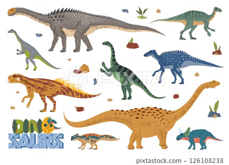 Cartoon prehistoric dinosaur characters with jurassic plants and rocks, vector dino animals. Funny camptosaurus, giant antarctosaurus and ampelosaurus sauropod dinosaurs and baby dino in egg shell 126108238