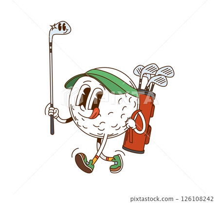 Groovy golf ball sport character with friendly expression, wearing sneakers and a cap carrying golf clubs. Cartoon vector cheerful personage exudes positive, playful and sporty vibe on the game field Groovy golf ball sport character with friendly expression, wearing sneakers and a cap carrying golf clubs. Cartoon vector cheerful personage exudes positive, playful and sporty vibe on the game field 126108242