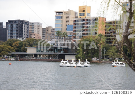 March 27 2025 Lakeside with Pedal Boats and Urban Skyline, Japan 126108339