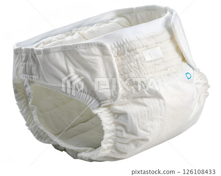 Single White Diaper with Elastic Bands and Size Indicator isolated on white background Single White Diaper with Elastic Bands and Size Indicator isolated on white background 126108433
