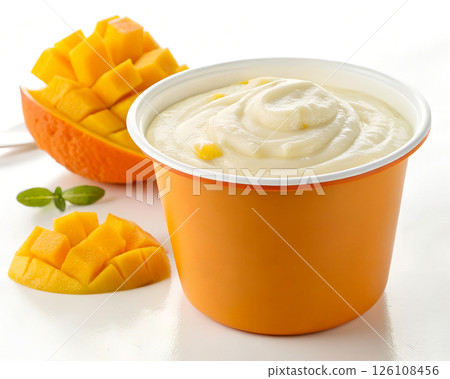 Creamy Mango Yogurt in Orange Cup with Fresh Cut Mango Slices on White Background 126108456