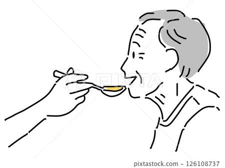A simple line drawing of an elderly person receiving meal assistance with a smile 126108737