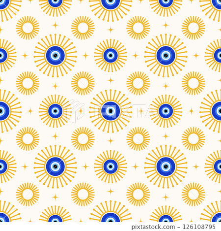Evil eye Greek seamless pattern. Vector background with blue beads and sun. Turkish nazar - ethnic symbol of protection energy and luck. Mystic amulet with astrology ornament. Cute cosmic design 126108795
