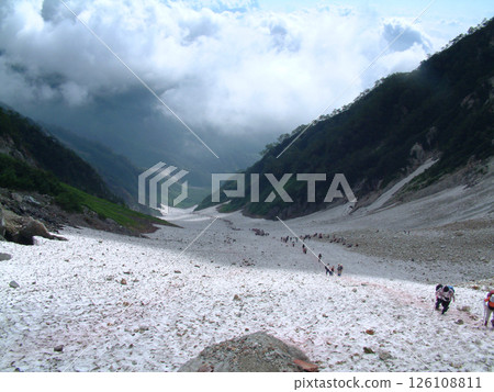 夏季的白馬大雪景路線 仲夏時節，登山者們正在攀登白馬山上的大雪景冰川 126108811