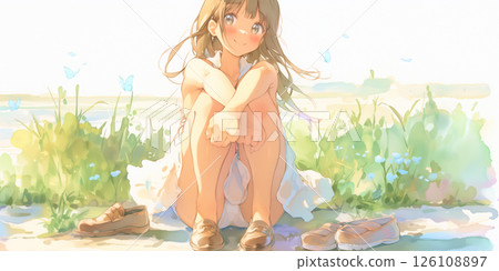 A girl squatting and checking the situation 126108897