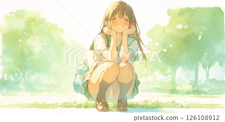 A girl squatting and checking the situation A girl squatting and checking the situation 126108912