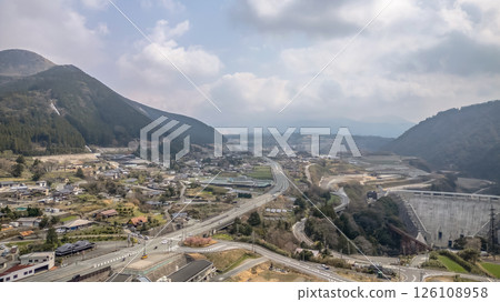 March 26 2025 Aerial View of Scenic Landscape Featuring a Dam, Japan 126108958