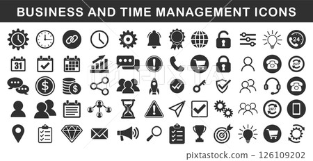 Business and time management icon symbol set. Marketing work logo sign collection. Icons pack. Vector illustration image. Isolated on white background. 126109202