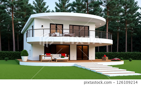 Modern house design surrounded by lush greenery with outdoor seating in a serene environment 126109214