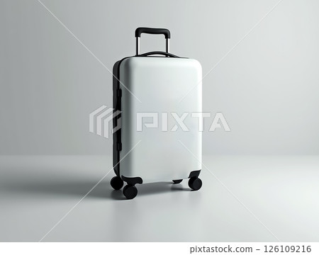 Compact suitcase with wheels ready for travel on a minimalist background 126109216