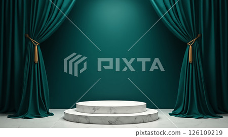 Elegant stage setup with green curtains and marble platform for performances and presentations 126109219
